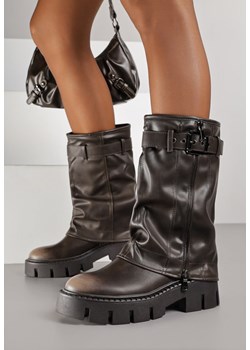 Brązowe Botki Biker z Wywiniętą Cholewką i Paskiem z Klamerką Versana ze sklepu born2be.pl w kategorii Botki - zdjęcie 188023635