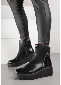 Czarne Botki Vices z Imitacji Skóry na Platformie z Tłoczeniem Krokodyla Falarena ze sklepu born2be.pl w kategorii Botki - zdjęcie 188023698