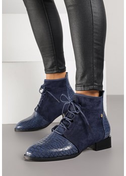 Granatowe Sznurowane Botki Vices do Kostki z Wężowym Tłoczeniem Wodvira ze sklepu born2be.pl w kategorii Botki - zdjęcie 188023747