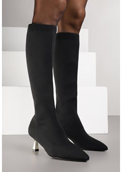 Czarno-Złote Kozaki Vices na Obcasie Kaczuszce z Elastyczną Cholewką Asenella ze sklepu born2be.pl w kategorii Kozaki damskie - zdjęcie 188023768