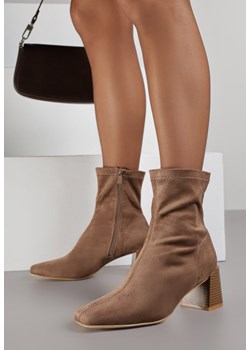 Ciemnobeżowe Botki Vices na Stożkowym Obcasie z Kwadratowym Noskiem Aziste ze sklepu born2be.pl w kategorii Botki - zdjęcie 188023788