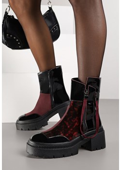 Czarno-Bordowe Lakierowane Botki Vices z Ozdobną Tasiemką Rivavie ze sklepu born2be.pl w kategorii Botki - zdjęcie 188023879