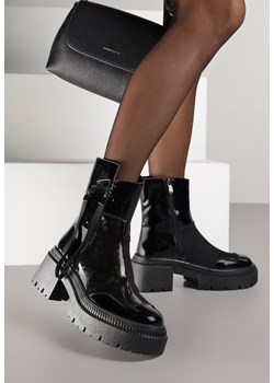 Czarne Lakierowane Botki Vices z Ozdobną Tasiemką Rivavie ze sklepu born2be.pl w kategorii Botki - zdjęcie 188023886