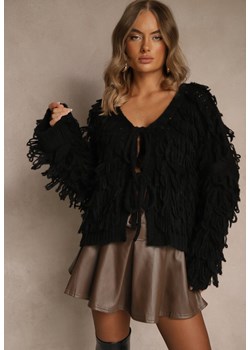 Czarny Kardigan z Wiązaniem i Frędzlami z Domieszką Wełny i Wiskozy Tiseana ze sklepu renee.pl w kategorii Swetry damskie - zdjęcie 188024137