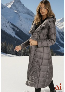 Szara Długa Kurtka Płaszcz z Pikowaniem i Kapturem Tittonna ze sklepu renee.pl w kategorii Płaszcze damskie - zdjęcie 188024145