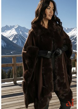 Brązowe Ponczo z Wiskozą Wełną i Futerkiem Mevicia ze sklepu renee.pl w kategorii Poncza - zdjęcie 188024156