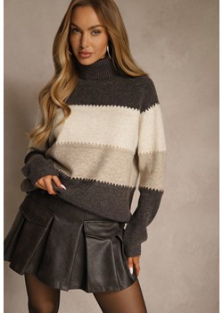 Brązowy Oversizowy Golf z Dodatkiem Kaszmiru w Szerokie Paski Nemeana ze sklepu renee.pl w kategorii Swetry damskie - zdjęcie 188024186