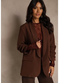 Jasnobrązowa Pudełkowa Marynarka Bez Zapięć z Wiskozą z Marszczonymi Rękawami Fenidia ze sklepu renee.pl w kategorii Marynarki damskie - zdjęcie 188024197