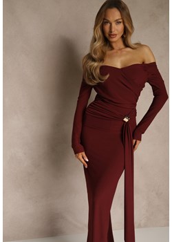 Bordowa Marszczona Sukienka o Dopasowanym Kroju z Trenem i Rozcięciem Aluilea ze sklepu renee.pl w kategorii Sukienki - zdjęcie 188024208