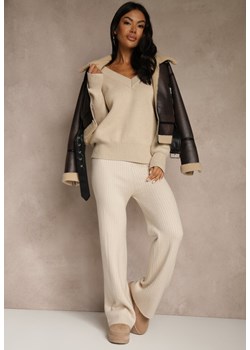 Jasnobeżowe Szerokie Spodnie z Wełną 	High Waist z Prążkowanego Materiału Reinna ze sklepu renee.pl w kategorii Spodnie damskie - zdjęcie 188024228