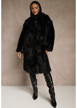 Czarny Płaszcz Futro o Jednorzędowym Kroju z Szerokim Kołnierzem Aweda ze sklepu renee.pl w kategorii Płaszcze damskie - zdjęcie 188024248
