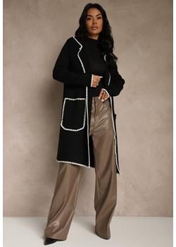 Czarny Kardigan z Haftowaną Lamówką Tuscele ze sklepu renee.pl w kategorii Swetry damskie - zdjęcie 188024299