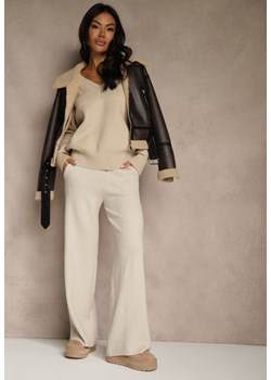 Jasnobeżowe Szerokie Spodnie Dzianinowe Ozdobione Sznurkami Meretusa ze sklepu renee.pl w kategorii Spodnie damskie - zdjęcie 188024329