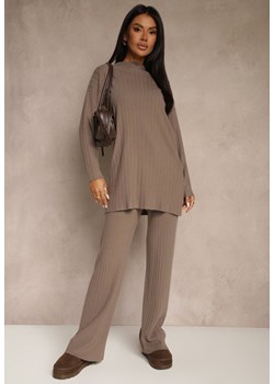 Ciemnobeżowy Komplet Prążkowany z Bawełną Sweter Oversize i Szerokie Spodnie Wedorena ze sklepu renee.pl w kategorii Komplety i garnitury damskie - zdjęcie 188024339