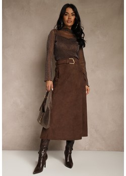 Brązowa Spódnica z Wiskozy z Bawełną z Imitacji Zamszu z Paskiem Oliweda ze sklepu renee.pl w kategorii Spódnice - zdjęcie 188024358