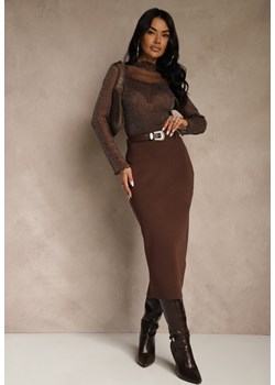 Brązowa Spódnica o Ołówkowym Kroju z Wiskozą z Paskiem i Rozcięciem Saweda ze sklepu renee.pl w kategorii Spódnice - zdjęcie 188024378