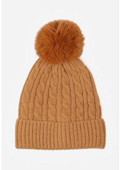 Brązowa Czapka z Pomponem Zdobiona Warkoczowym Splotem Vetizare ze sklepu renee.pl w kategorii Czapki zimowe damskie - zdjęcie 188024405
