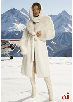Biały Futrzany Płaszcz z Wiązanym Paskiem Ozdobnym Kołnierzem i Mankietami Viaressa ze sklepu renee.pl w kategorii Futra damskie - zdjęcie 188024596