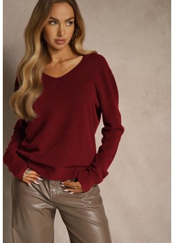 Bordowy Sweter z Wełną i Wiskozą z Trójkątnym Dekoltem Kaitte ze sklepu renee.pl w kategorii Swetry damskie - zdjęcie 188024607