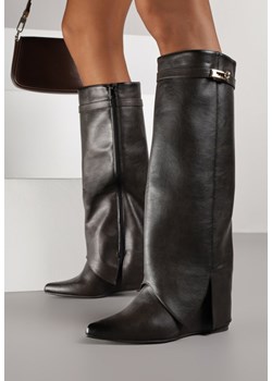 Brązowe Kozaki na Koturnie z Cholewką Imitującą Nogawkę z Aplikacją Testarria ze sklepu renee.pl w kategorii Kozaki damskie - zdjęcie 188024625