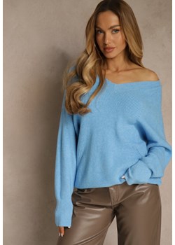 Niebieski Sweter z Dodatkiem Kaszmiru i Trójkątnym Dekoltem Silefera ze sklepu renee.pl w kategorii Swetry damskie - zdjęcie 188024639