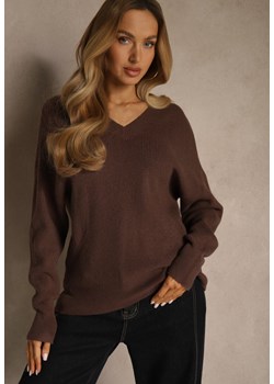 Brązowy Sweter z Dodatkiem Kaszmiru i Trójkątnym Dekoltem Silefera ze sklepu renee.pl w kategorii Swetry damskie - zdjęcie 188024649