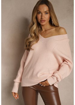 Jasnoróżowy Sweter z Dodatkiem Kaszmiru i Trójkątnym Dekoltem Silefera ze sklepu renee.pl w kategorii Swetry damskie - zdjęcie 188024659