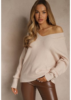 Beżowy Sweter z Dodatkiem Kaszmiru i Trójkątnym Dekoltem Silefera ze sklepu renee.pl w kategorii Swetry damskie - zdjęcie 188024669