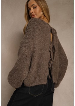 Jasnobrązowy Kardigan z Wełną o Kroju Oversize z Wiązanymi Kokardami Elearina ze sklepu renee.pl w kategorii Swetry damskie - zdjęcie 188024687