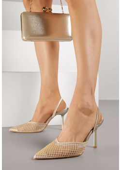 Złote Sandały na Szpilce z Siateczkowym Noskiem z Aplikacją z Perełek Aurifera ze sklepu renee.pl w kategorii Czółenka - zdjęcie 188024696
