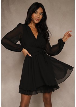 Czarna Siateczkowa Sukienka o Rozkloszowanym Kroju z Dekoltem w Serek Zennela ze sklepu renee.pl w kategorii Sukienki - zdjęcie 188024816