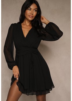 Czarna Siateczkowa Sukienka o Rozkloszowanym Kroju z Dekoltem w Serek Zennela ze sklepu renee.pl w kategorii Sukienki - zdjęcie 188024819