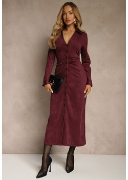Bordowa Marszczona Sukienka z Imitacji Zamszu o Koszulowym Kroju Esora ze sklepu renee.pl w kategorii Sukienki - zdjęcie 188024866