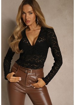 Czarna Bluzka Longsleeve z Koronki z Dekoltem w Kształcie Litery V Lerafera ze sklepu renee.pl w kategorii Bluzki damskie - zdjęcie 188024909