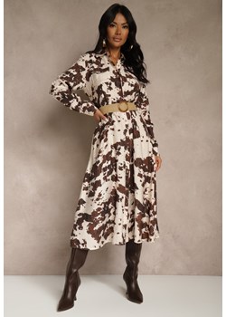 Brązowa Sukienka z Wiskozą o Koszulowym Kroju z Paskiem w Krowie Łaty Carlitia ze sklepu renee.pl w kategorii Sukienki - zdjęcie 188025496