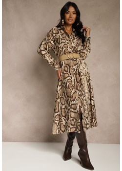 Brązowa Koszulowa Sukienka Snake Print z Wiskozą i Paskiem Bririn ze sklepu renee.pl w kategorii Sukienki - zdjęcie 188025506