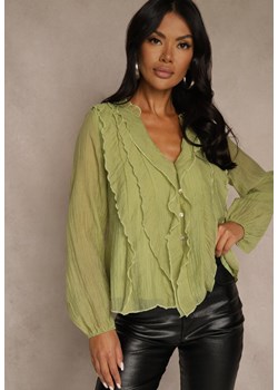 Zielona Koszulowa Bluzka z Dekoltem V i Falbankami Calomia ze sklepu renee.pl w kategorii Bluzki damskie - zdjęcie 188025526