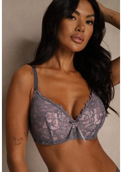 Szaro-Różowy Biustonosz Ozdobiony Koronką i Kokardką Aqiany ze sklepu renee.pl w kategorii Biustonosze - zdjęcie 188025926