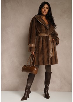 Brązowy Płaszcz Futerko z Paskiem z Imitacji Skóry i Klamrami przy Mankietach Charysha ze sklepu renee.pl w kategorii Płaszcze damskie - zdjęcie 188025955