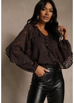 Brązowa Koronkowa Bluzka z Falbankami Sewrana ze sklepu renee.pl w kategorii Bluzki damskie - zdjęcie 188030999