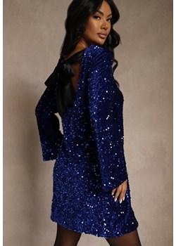 Niebieska Sukienka z Odkrytymi Plecami z Kokardą Zdobiona Cekinami Carilyera ze sklepu renee.pl w kategorii Sukienki - zdjęcie 188031059