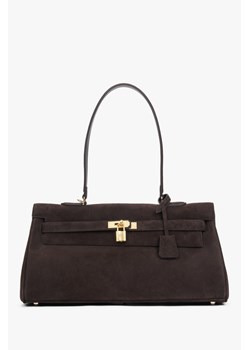 Estro: Ciemnobrązowa torba damska na ramię z weluru naturalnego ze złotymi okuciami ze sklepu Estro w kategorii Listonoszki - zdjęcie 188032568