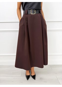 Ciemnobrązowa Rozkloszowana Spódnica Midi z Paskiem ze sklepu ModnaKiecka.pl w kategorii Spódnice - zdjęcie 188037636