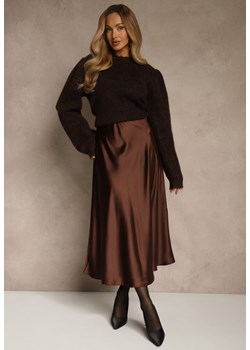 Brązowa Satynowa Midi Spódnica Rozkloszowana z Gumką w Pasie i Suwakiem Leose ze sklepu renee.pl w kategorii Spódnice - zdjęcie 188038247
