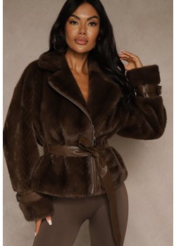 Brązowa Kurtka Futerko z Paskiem z Imitacji Skóry Zdobiona Klamerkami Jynlisa ze sklepu renee.pl w kategorii Futra damskie - zdjęcie 188038258
