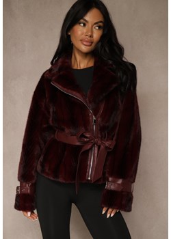 Bordowa Kurtka Futerko z Paskiem z Imitacji Skóry Zdobiona Klamerkami Jynlisa ze sklepu renee.pl w kategorii Futra damskie - zdjęcie 188039597