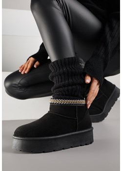 Czarne Śniegowce na Grubej Podeszwie Zdobione Haftem Sewnella ze sklepu born2be.pl w kategorii Śniegowce damskie - zdjęcie 188039826