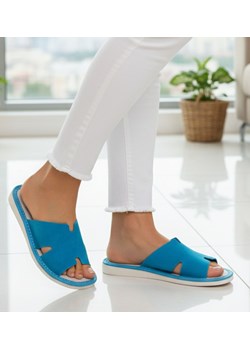 Skórzane domowe klapki kapcie niebieskie /F8-1 13378 S194/ ze sklepu Pantofelek24.pl w kategorii Kapcie damskie - zdjęcie 188041945