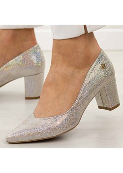 Srebrne multi skórzane Polskie czółenka damskie na obcasie Prestige 21 ze sklepu suzana.pl w kategorii Czółenka - zdjęcie 188049397