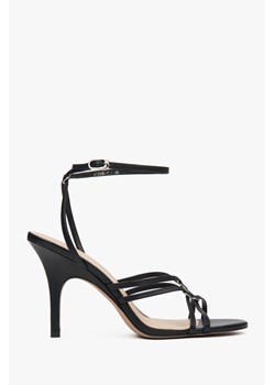 Estro: Czarne skórzane sandały damskie na szpilce ze srebrnymi detalami ze sklepu Estro w kategorii Sandały damskie - zdjęcie 188097926